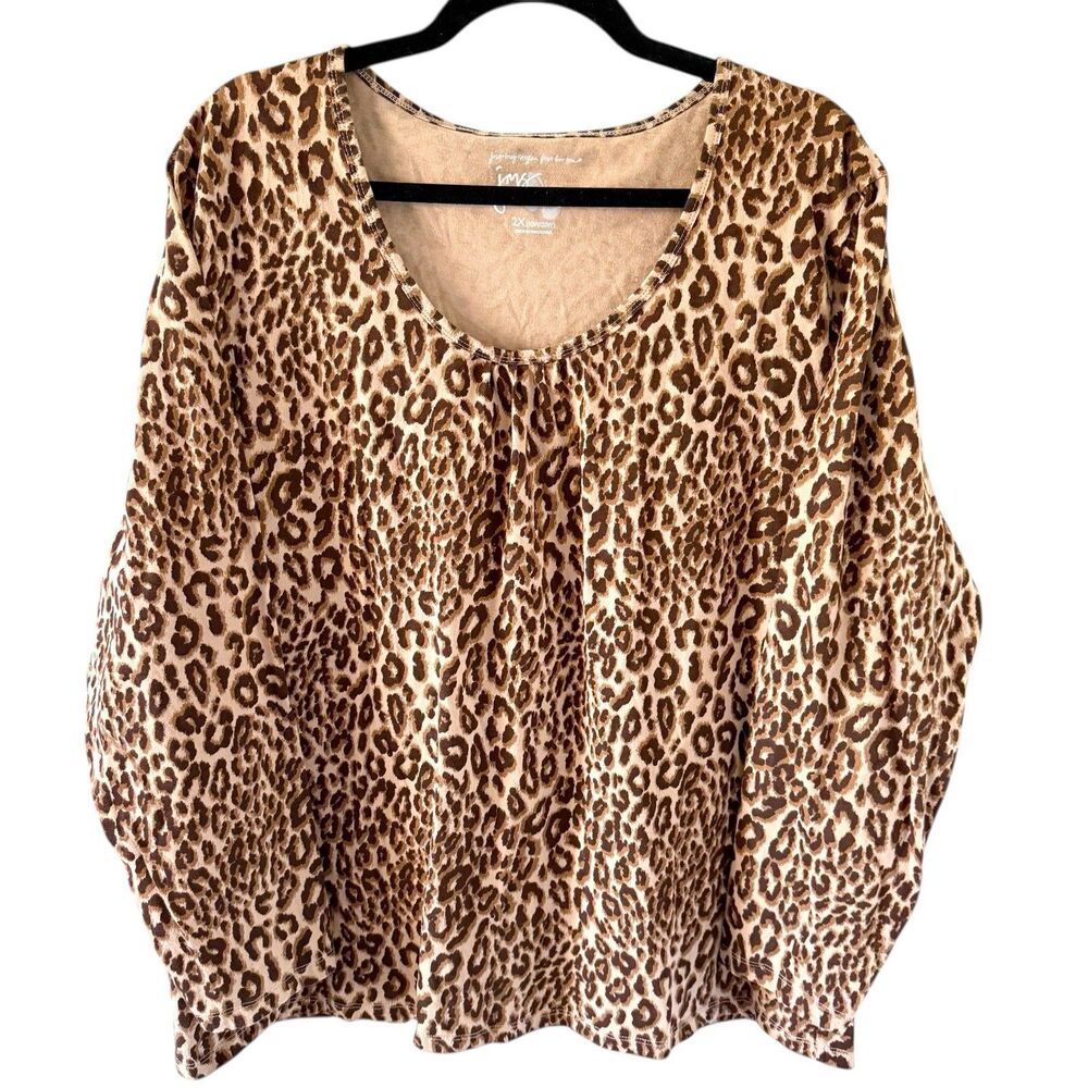 JMS Plus Size Shirred Gathered Pleated Scoopneck Leopard Tee Shirt Top 2X Animal